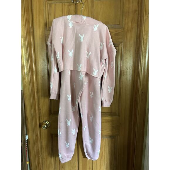 Playboy Bunny Hoodie Womens Pink Hooded Sweatshirt Sweat Pants Crop 6 XS 22” - Picture 1 of 13
